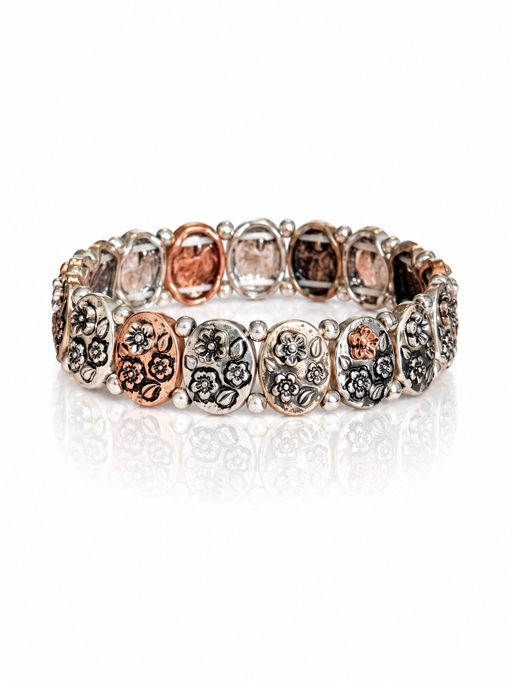 Floral Link Bracelet in Silver and Rose Gold